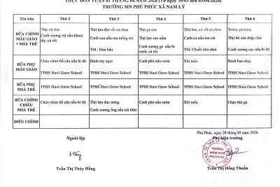 CÔNG KHAI THỰC ĐƠN TUẦN 01 THÁNG 04/2026