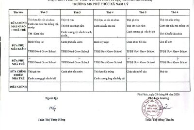 THỰC ĐƠN DINH DƯỠNG TUẦN 01 – THÁNG 05/2026