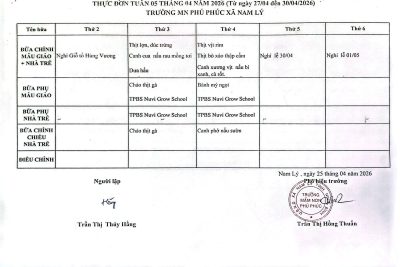THỰC ĐƠN TUẦN 05 – THÁNG 04/2026