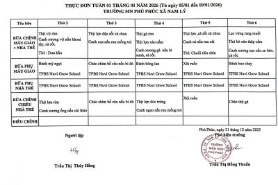 THỰC ĐƠN TUẦN 01 – THÁNG 01 NĂM 2026