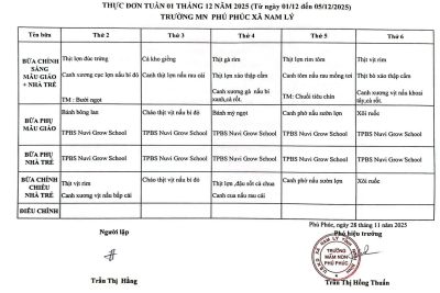 THỰC ĐƠN DINH DƯỠNG TUẦN 01 (THÁNG 12/2025)