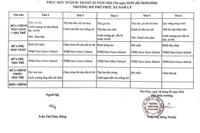 THỰC ĐƠN DINH DƯỠNG TUẦN 01 – THÁNG 03/2026