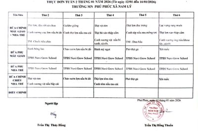 THỰC ĐƠN DINH DƯỠNG TUẦN 02 – THÁNG 01/2026