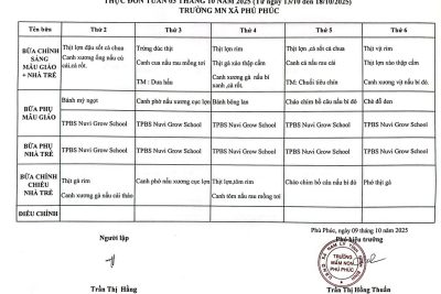 THỰC ĐƠN TUẦN 3 THÁNG 10 NĂM 2025