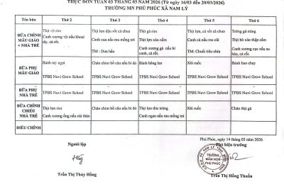 THÔNG BÁO THỰC ĐƠN TUẦN 03 – THÁNG 03 NĂM 2026