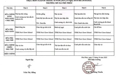 THỰC ĐƠN DINH DƯỠNG TUẦN 4 THÁNG 10