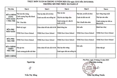 THỰC ĐƠN DINH DƯỠNG TUẦN 4 THÁNG 12