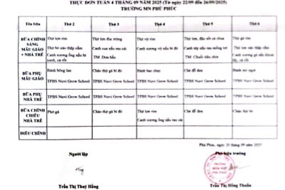 THỰC ĐƠN DINH DƯỠNG TUẦN 4 THÁNG 9