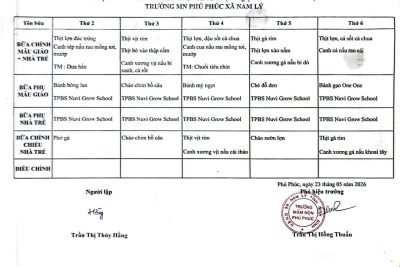 THỰC ĐƠN DINH DƯỠNG TUẦN 04 THÁNG 05/2026